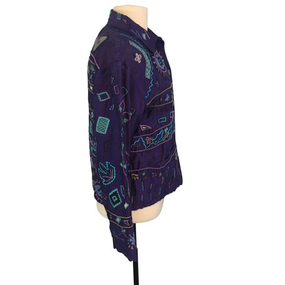 Chico's Design Womens Purple Teal Embroidered Boho Silk Jacket Blazer 1, 40 bust - Picture 5 of 10